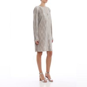 Givenchy Silver Long Sleeve Zig Zag Plisse Midi Dress 42 FR 10 US